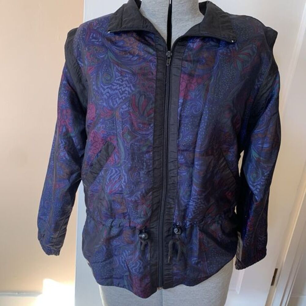 Sunterra Petite Vintage Paisley Windbreaker Jacket Purple Blue Full Zip PM